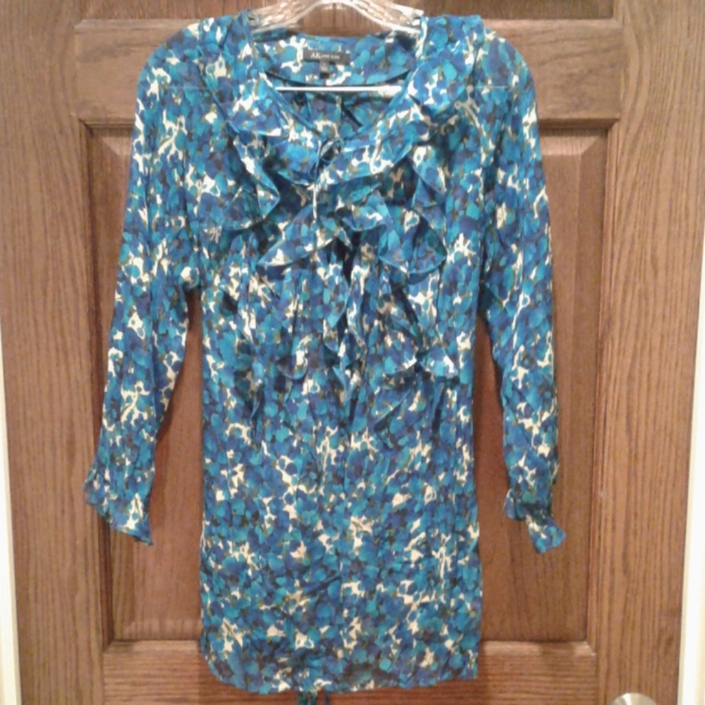 Anne Klein Blue Floral Sheer Silk Blouse
